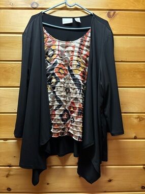 Alfred Dunner Black Open Front Jacket with Multicolor Pleated Panel